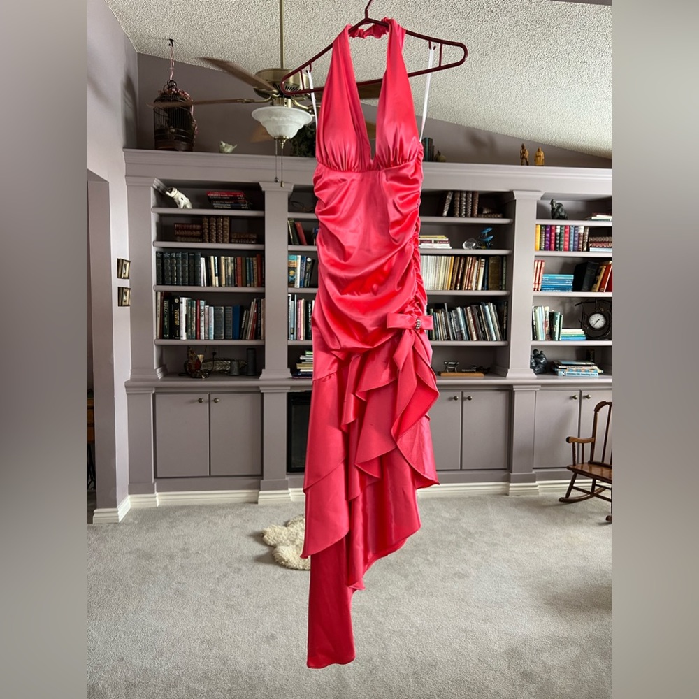 Pink party dress, asymmetrical hem, rhinestone detailing, halter neck